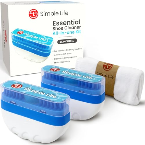 Simple Life 3-in-1 Shoe Cleaner Kit | Travel Size Foaming Shoe Cleaner | Nonscratch Shoe Brush & Microfiber Cleaning Cloth | Safe on White Shoes, Sneakers, Cleats, Heels | Pack of 2