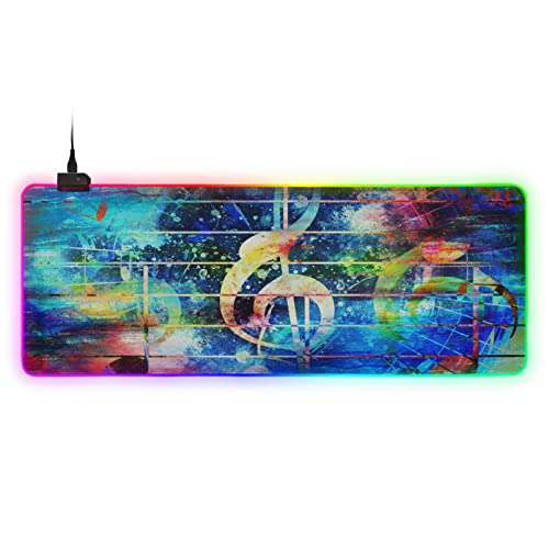 Large RGB Gaming Mouse Pad Beautiful Abstract Colorful Collage Music Notes Glowing Extended Mousepad 31.5x11.8in, Soft Anti-Slip Rubber Base Luminous Mouse Mat for Pc Laptop, Gaming, Office, Home