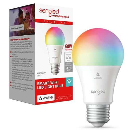 Sengled LED Smart Light Bulb (A19), Matter-Enabled, Multicolor, Works with Alexa, 60W Equivalent, 800LM, Instant Pairing, 2.4 GHz, Wi-Fi, 1-Pack