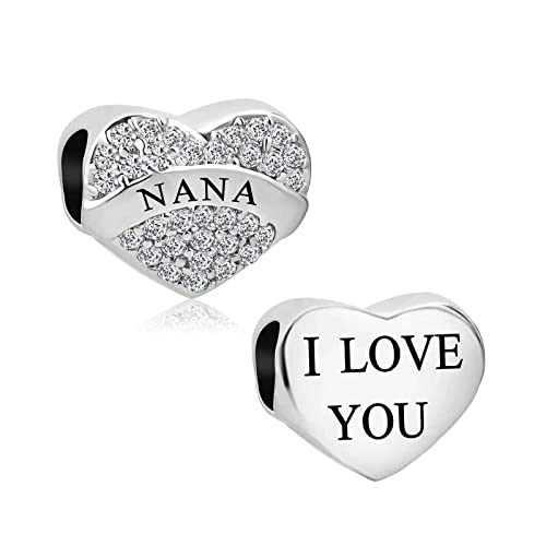 KunBead Nana Nanny I Love You Heart Crystal Bead Charms Compatible with Pandora Charm Bracelets Gifts from Granddaughter