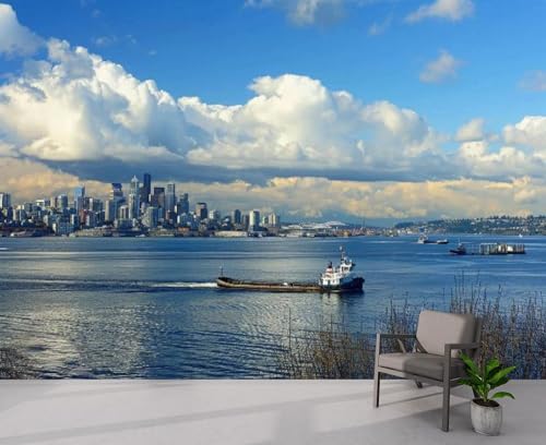 UYS69Z5PG Peel and Stick Wallpaper View Downtown Seattle Barge from Cloudy Day Canvas Wallpaper Self Adhesive Wall Decals Removable Wall Mural for Room Decor Boys Bedroom Living Room