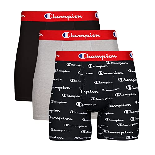 Champion Men's Everyday Stretch Cotton Boxer Briefs, Moisture-Wicking, Multi-Pack - 3 Black/Grey/Logo Briefs, Large