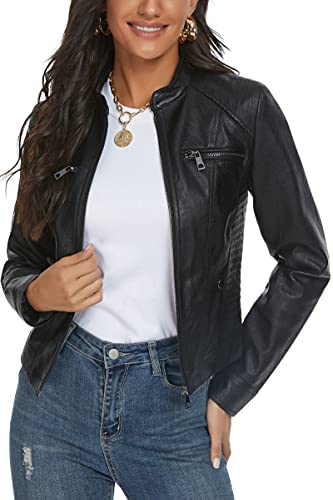 Fahsyee Faux Leather Jacket for Women, Moto Biker Slim Vegan MotorcycleZipper Coat Outwear, Black, Size L