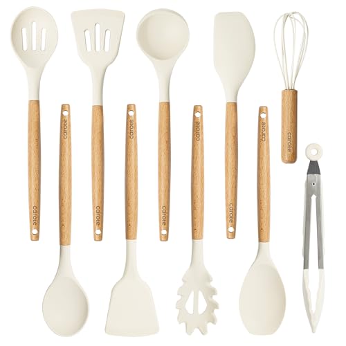 CAROTE Silicone Cooking Utensils Set for Kitchen,446°F Heat Resistant 10 pcs Non-Stick Cooking Set with Wooden Handle Spatula Turner Spoon Tongs Whisk