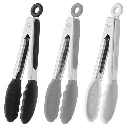 HINMAY Small Silicone Tongs 7-Inch Mini Serving Tongs, Set of 3 (Black Gray White)