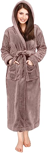 NY Threads Womens Fleece Hooded Bathrobe Plush Long Robe, Small, Taupe