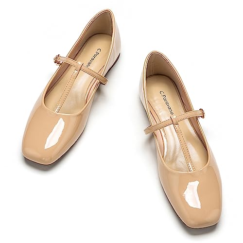 C.Paravano Mary Jane Shoes for Women | Womens Square Toe Flats | Beige Glossy Leather Mary Jane (Size 9,Beige_b)