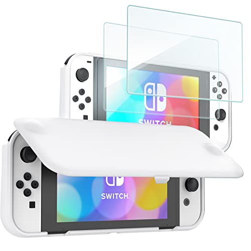 ProCase Flip Cover for Nintendo Switch OLED with 2 Pack Tempered Glass Screen Protectors, Slim Protective Case with Magnetically Detachable Front Cover for Nintendo Switch OLED 2021 -White