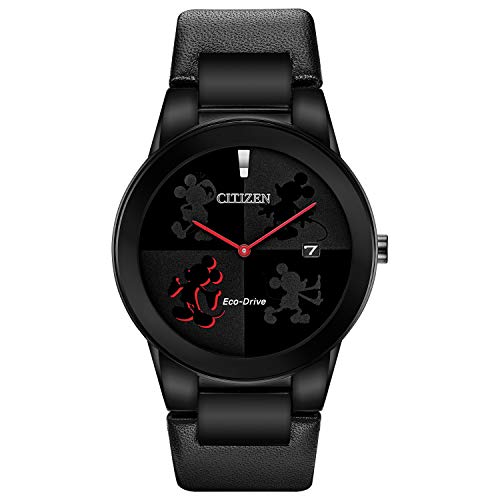 Citizen Eco-Drive Disney Quartz Mens Watch, Stainless Steel with Leather strap, Mickey Mouse, Black (Model: AU1069-06W)