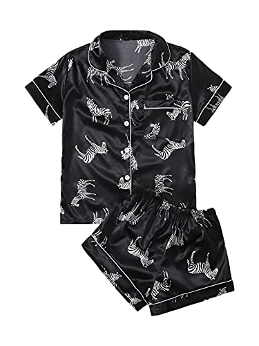 WDIRARA Women's Sleepwear Zebra Print Shirt and Shorts Cute Pajama Set Animal Black S