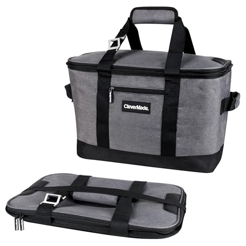 CleverMade Tahoe Collapsible Cooler Bag, 50 Can - Structured, Leakproof Coolers for Travel with Built-In Bottle Opener - Soft-Sided, Insulated Camping Cooler: Heathered Charcoal / Black