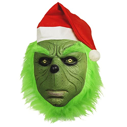 MAKEATREE Christmas Green Monster Mask with Red Hat, Halloween Green Full Face Latex Mask Costume Accessories Props Decorations Adult