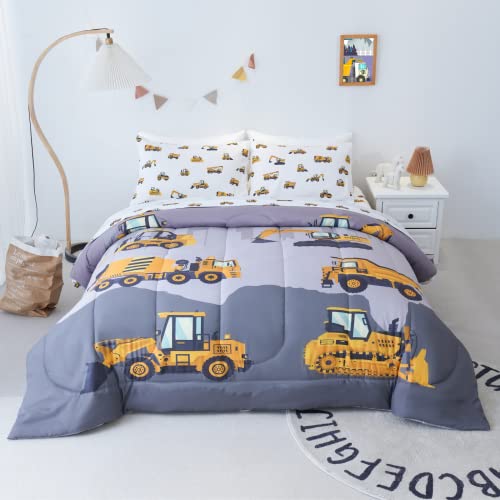 Cokouchyi 4-Pcs Construction Kids Bedding Set for Boys, Twin Size Comforter Set with Sheets and Pillowcase, 4-Pcs Soft Lightweight Bed in a Bag, Fluffy & Durable Children Bed Set, Truck Cars