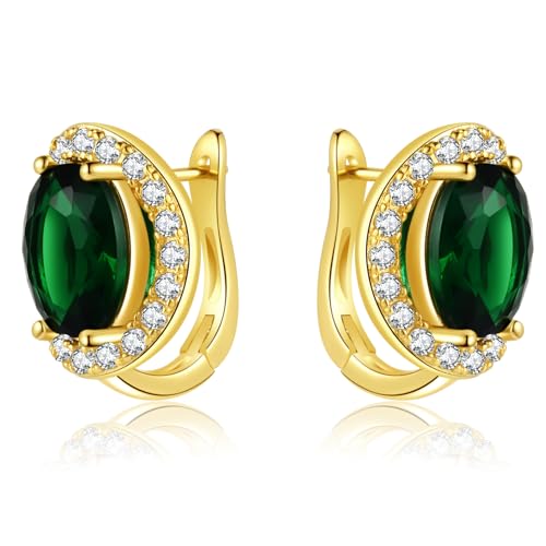 Zaano Emerald Green Earrings for Women 14K Gold Plated Huggie Birthstone Crystal Oval Earrings Jewelry Gifts