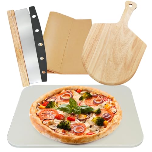 4PCS Large Pizza Stone Set for Oven and Grill, 15' Rectangle Cordierite Stone with Pizza Peel(OAK) & Pizza Cutter & 20pcs Cooking Paper, Baking Stone for Pizza and Bread
