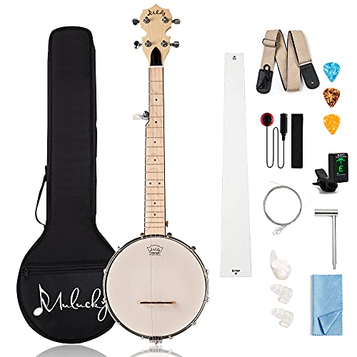 Mulucky 5 String Banjo Mini - 28 Inch Travel Banjo Maple, Closed Solid Back Beginner Kit With Gig Bag Tuner Picks Strings Strap - B805
