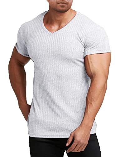 COOFANDY Men's Muscle T Shirts Stretch Short Sleeve V Neck Bodybuilding Workout Tee Shirts White