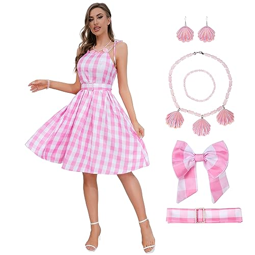 DANGCOS 50s Pink Plaid Dresses for Women Costumes 1950s Vintage Outfits Halloween Cosplay Prom Dress with Accessories (Pink Plaid, XXL)