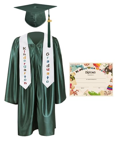 GraduationMall Kindergarten Graduation Cap Gown Stole Package with 2024 Tassel, Certificate Forest Green Small 27(3'6'-3'9')