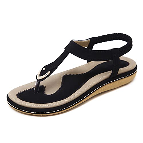 SHIBEVER Womens Sandals Summer Flat: Dressy Casual Flats Sandals - T-Strap Flip Flop Thong Sandals - Black Size 8 Comfy Walking