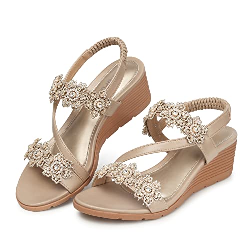 TEMOFON Wedge Sandals for Women Dressy: Summer Open Toe Elastic Ankle Strap Size 6 - Flower Bohemian Sandal - Comfortable Low Wedge Sandals Beige