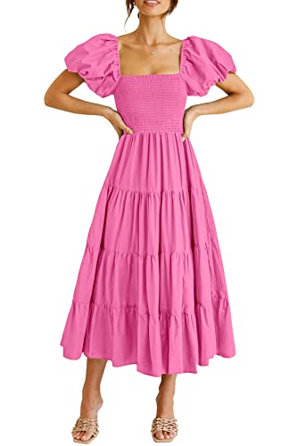 PRETTYGARDEN Women's Casual Summer Midi Dress Puffy Short Sleeve Square Neck Smocked Tiered Ruffle Dresses (Rose Pink,Large)