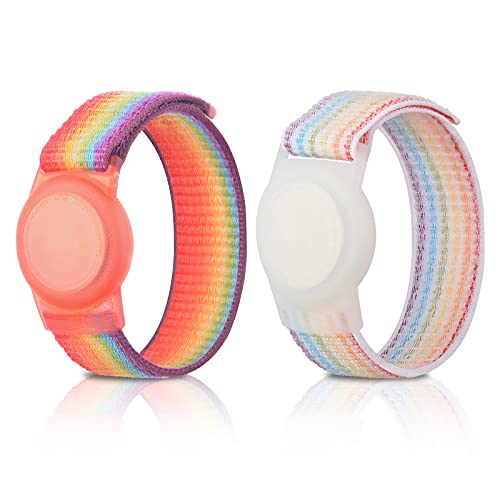 2 Pack Kids Wristband for AirTag, Nylon Watch Band GPS Tracker Holder Protective Case Compatible with Apple Air Tag, Adjustable Anti-lost Bracelet for Toddler Baby Children Elders (RainbowA+RainbowB)