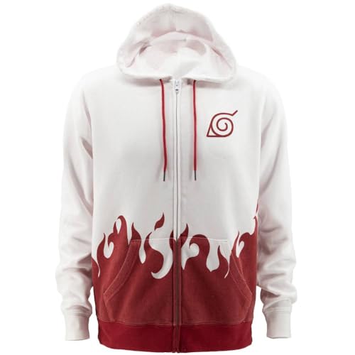 Ripple Junction Naruto Shippuden Men’s Full Zip-Up Hooded Sweatshirt 4th Hokage Red Flame Anime Cloak Inspired Large White