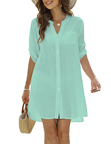 SimpleFun Women Summer Beach Dress Bikini Bathing Suit Cover Up 3/4 Roll Sleeved Button Down Shirts Aqua Green,M