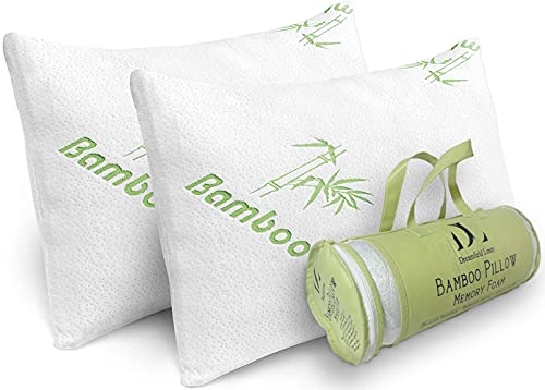 Rayon of Bamboo Pillows Queen Size Set of 2 [Adjustable] Shredded Memory Foam for Sleeping - Ultra Soft Cool & Breathable Zippered Cover - Relieves Neck Pain, Snoring - Back/Stomach/Side Sleeper