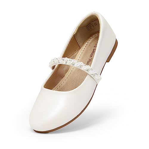 DREAM PAIRS Girls Dress Shoes - Mary Jane Casual Slip On Ballerina Flat, Ivory - 1 Little Kid (Serena-100-inf)