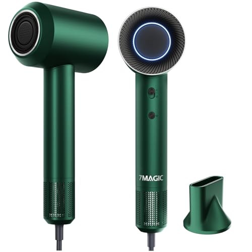 7MAGIC High-Speed Hair Dryer with 110,000RPM Brushless Motor for Fast Drying, Low Noise Blow Dryer with Tri-Colour LED Light Ring, 1400W Ionic Hair Dryer for Home and Travel, Magnetic Nozzle, Green