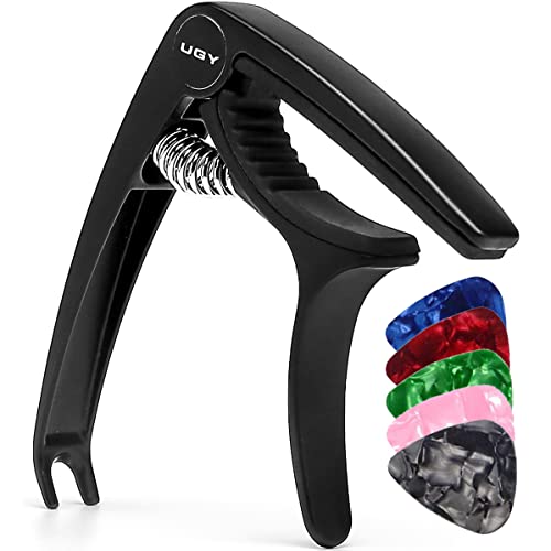 UGY Capo Guitar Capo for Acoustic and Electric Guitars, Guitar Capo or Ukulele Capos - Black with 5 Picks