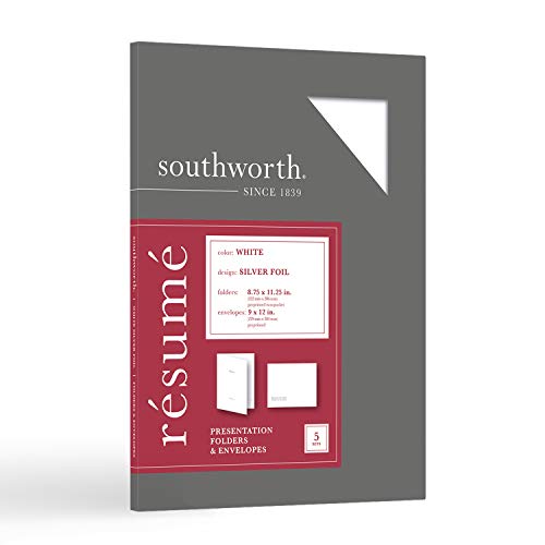 Southworth Résumé Folders & Envelopes, 9' x 12', 88-Lb, White/Silver, Pack Of 5