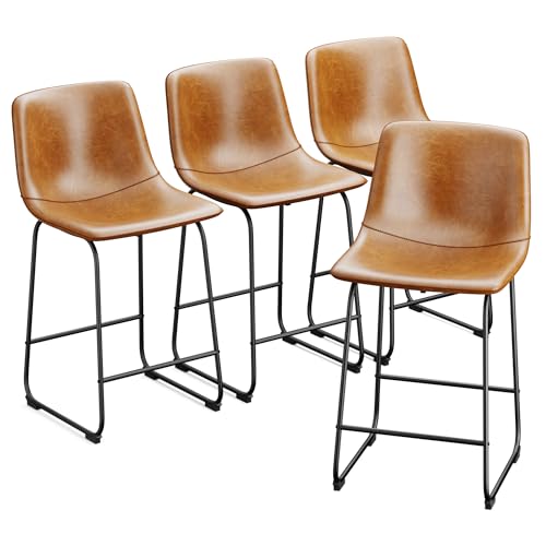 Aowos Bar Stools Set of 4, Modern Counter Height Bar Stools with Back, 26 inch Faux Leather Bar Stools with Metal Legs and Footrest, Urban Armless Dining Chairs for Kitchens Island Brown