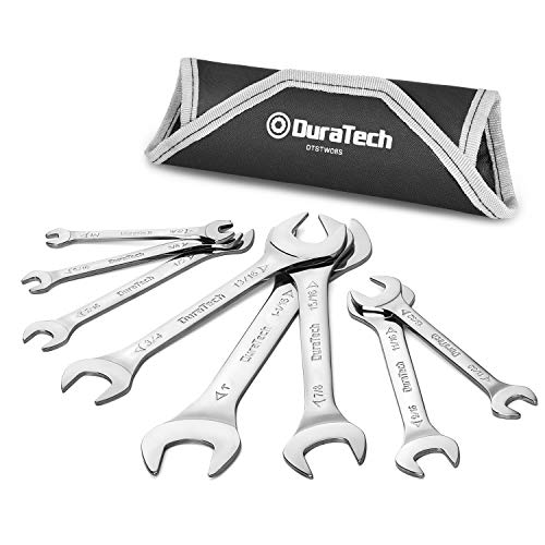 DURATECH Super-Thin Open End Wrench Set, SAE, 8-Piece, Including 1/4', 9/32', 5/16', 3/8', 11/32', 13/32', 7/16', 1/2', 9/16', 11/16', 3/4', 13/16', 7/8', 15/16', 1', 1-1/16', with Rolling Pouch