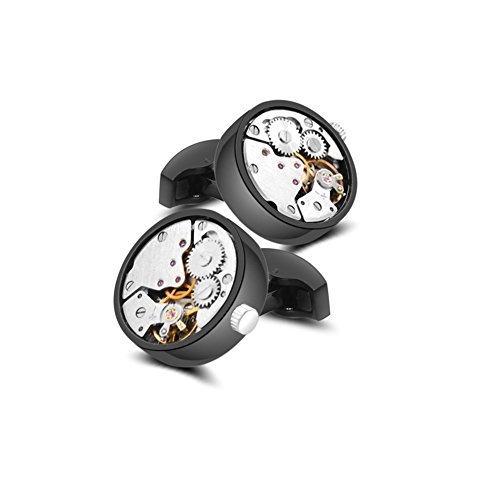 Merit Ocean Cufflinks Steampunk Watch Movement Shape Cufflinks for Men Mens Shirt Vintage Gears Watch Cuff Links Business Wedding Gifts with Gift Box (Silver in the middle(can move))