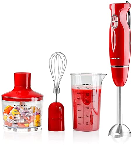 OVENTE Immersion Electric Hand Blender 300 Watt Power 2 Mix Speed with Stainless Steel Blades, Handheld Stick Mixer Set with Egg Whisk Attachment Mixing Beaker and BPA-Free Food Chopper, Red HS565R