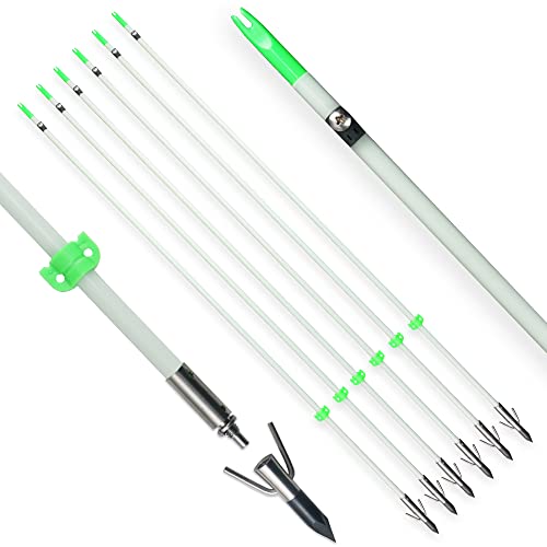 Tiger Archery 34inch Bowfishing Arrows Solid Fiberglass Shaft with Broadhead for Compound Bow and Recurve Bow Fishing Arrow Archery and Hunting (Pack of 6) (White)