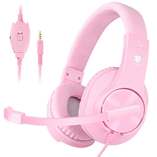 Gaming Headset for PS5,PS4,Xbox,PC, Kids Headphones with Mic for School Supplies,Pink Headphones Wired for Girls,Headset for Nintendo Switch,Pink Headset (Pink)