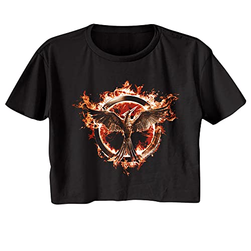 Hunger Games T Shirt Flaming Mocking Jay Ladies Crop Top Graphic Tee Black