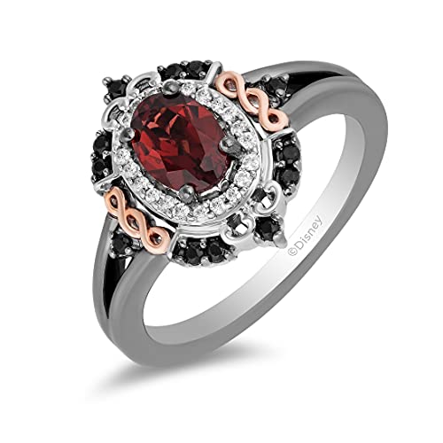 Jewelili Enchanted Disney Fine Jewelry Black Rhodium over Sterling Silver and 10K Rose Gold 1/5 CTTW Black and White Diamond with Red Garnet Evil Queen Ring