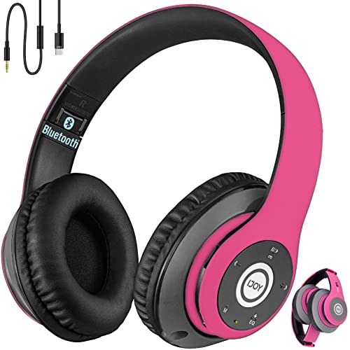 iJoy Bluetooth Headphones Over Ear, Wireless and Wired Foldable Headset Built-in Microphone, FM, Micro SD Card Slot - (Pink) Adults Kids Men Women