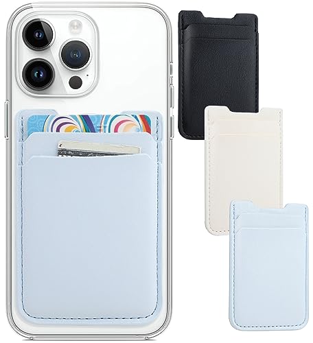 Phone Wallet Stick on,3Pack Phone Card Holder for Phone Case, Leather Credit Card Sticky Wallet Double Pocket Sticker Back of iPhone, Android, Samsung-Baby Blue,White,Black