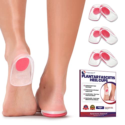 Heel Cups Plantar Fasciitis Inserts (3 Pairs) Silicone Heel Pads for Women or Men | Bone Spurs Heel Pain Relief | Gel Heel Protectors | Sore Feet Bruised Heel Treatment | Gel Shoe Insole (Small)