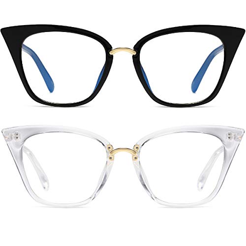 MORESHINE Cute Cateye Blue Light Blocking Glasses For Womens Fashion Computer Clear Eyeglasses Frames Anti Eye Strain (Black+Crystal)