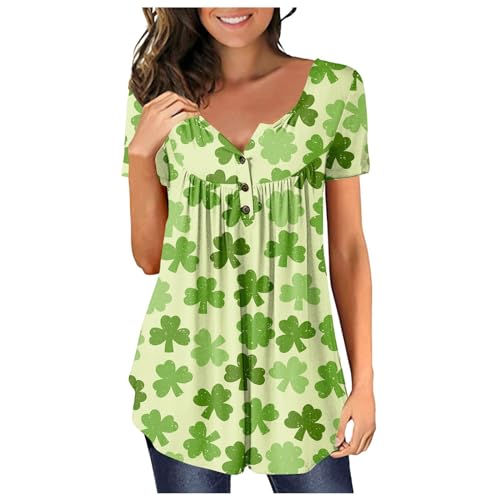 HPJKLYTR Daily Deals of The Day Prime Today Only,Plus Size St Patricks Shirt Women Basic Short Sleeve Shirt Striped Shirt Women's St. Patrick's Short V-Neck Live Button Top(5-Fluorescent Green,XL)