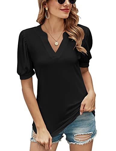 Romanstii Women's Short Sleeve V-Neck T-Shirts Ladie Blouse Tops,Black,M