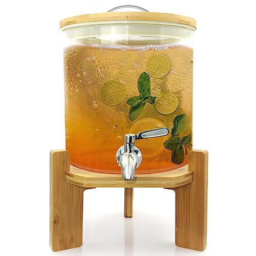 Glass Drink Dispenser with Stand,1.5 Gallons Wood Stand Cold Beverage Dispensers,Glass Beverage Dispenser with Spigot - Large Drink Dispensers for Parties,Bars,Restaurants