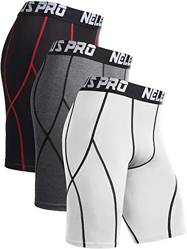 NELEUS Men's 3 Pack Sport Running Compression Shorts,6012,Grey,Black (Red Stripe),White,M